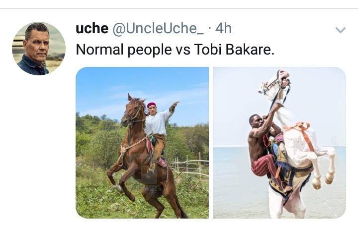 BBNaija's Tobi Bakre accused of animal cruelty after he held a horse's neck too tight during photoshoot