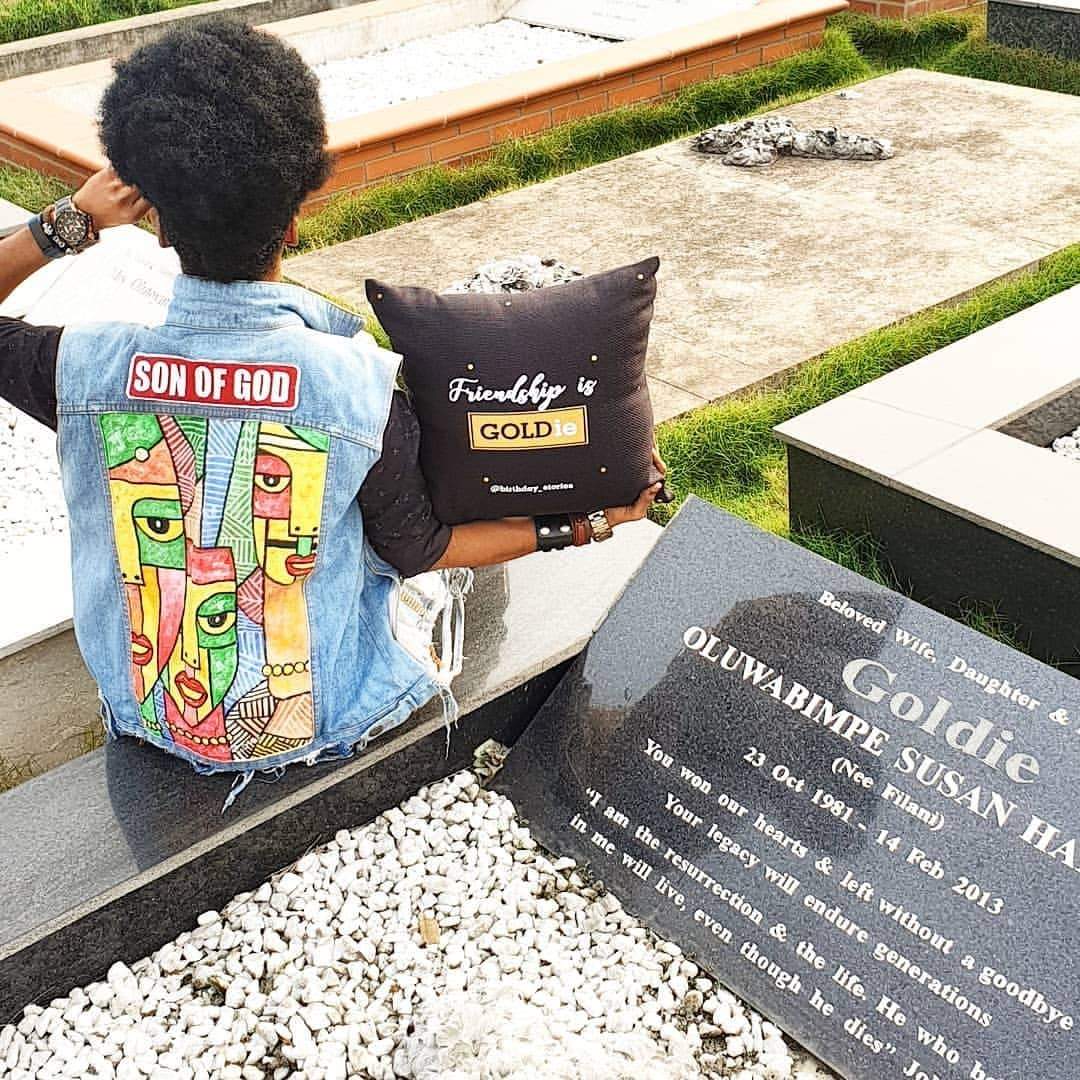 Denrele visits Goldie's graveside, pays emotional tribute to her (Photos)