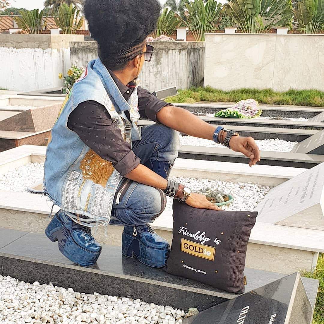 Denrele visits Goldie's graveside, pays emotional tribute to her (Photos)