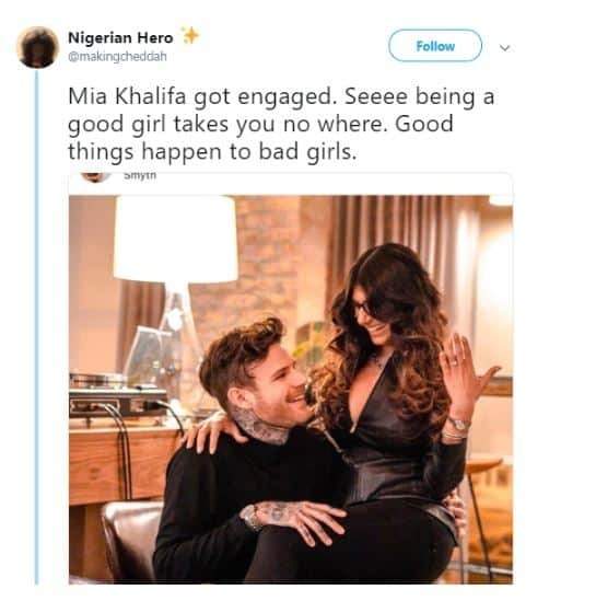 Popular porn star, Mia Khalifa gets engaged - Nigerian Man reacts