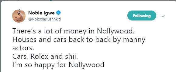 'There's a lot of money in Nollywood, houses, cars, and rolex back to back' - Noble Igwe throws shade on twitter