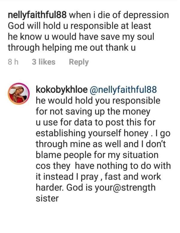BBnaija's Khloe gives mature reply to an Instagram Beggar who tried to guilt trip her