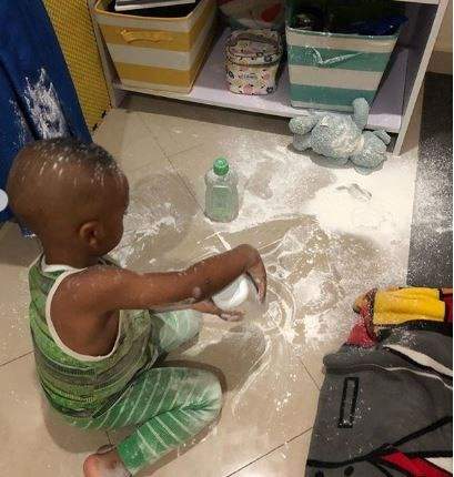 Tonto Dikeh reacts after her son smeared baby powder all over the house