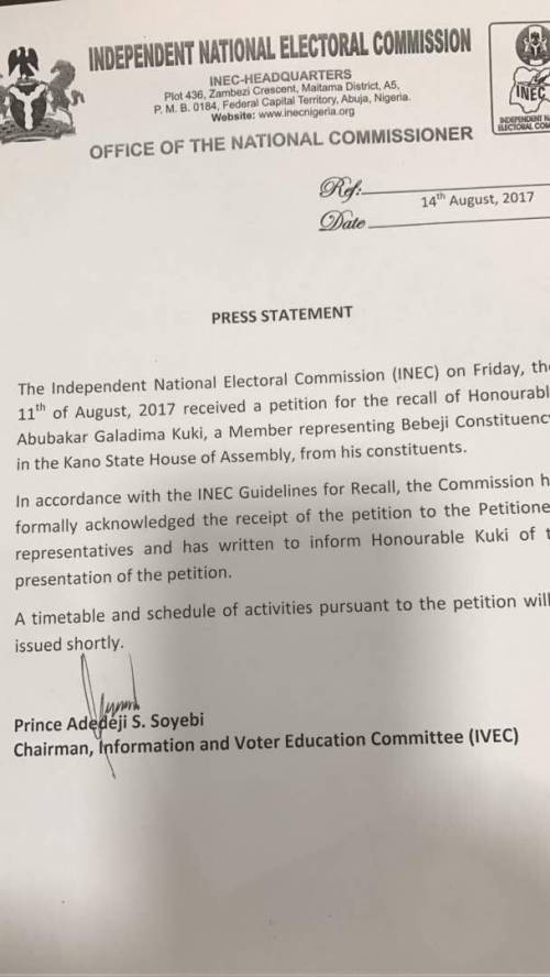 INEC Receives Petition On Abubakar Kuki