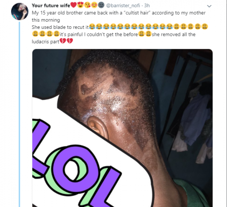 Mum shaves off her son's 'cultist hair' in Lagos