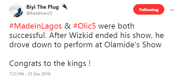 Wizkid went for Olamide's concert, OLIC5 after shutting down Made In Lagos concert