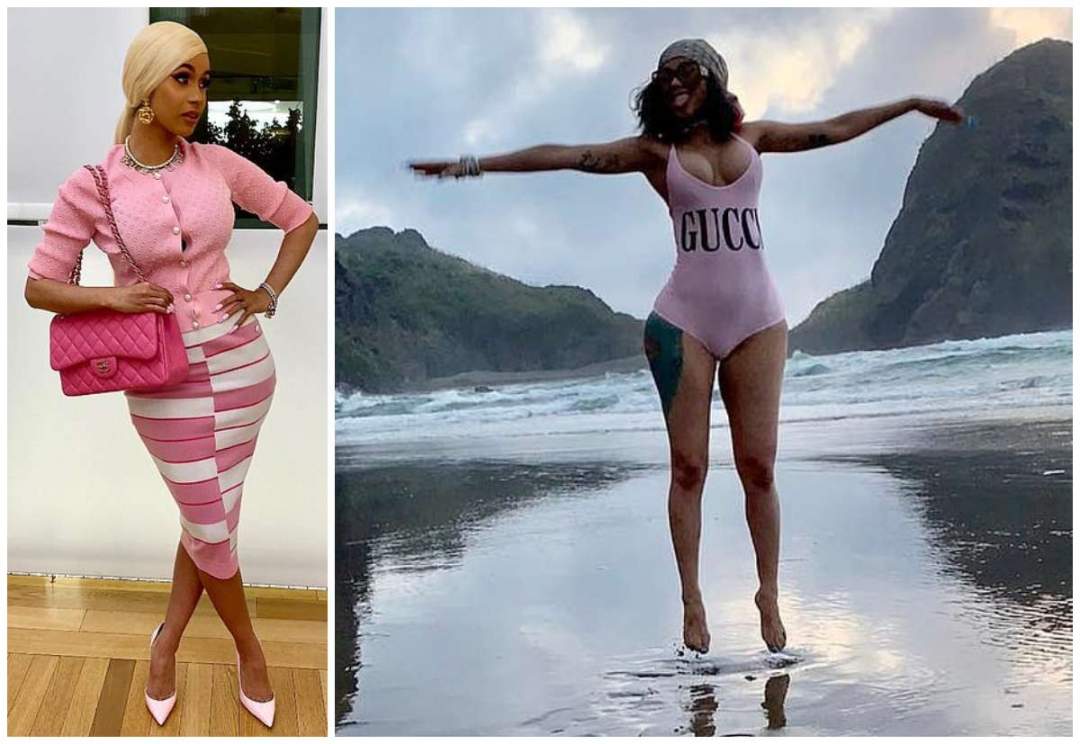 Cardi B shows off her cleavage and nips in revealing swimsuit (Photos)