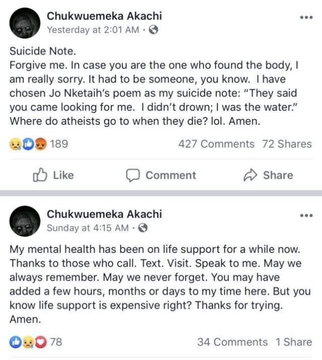 UNN 1st class student Chukwuemeka Akachi commits suicide, drops note