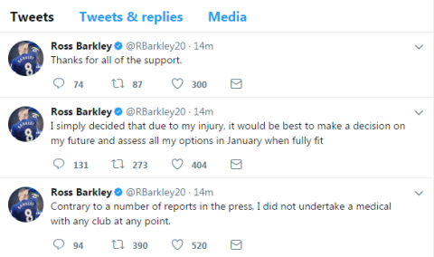 Ross Barkley breaks silence over failed Chelsea transfer on deadline day