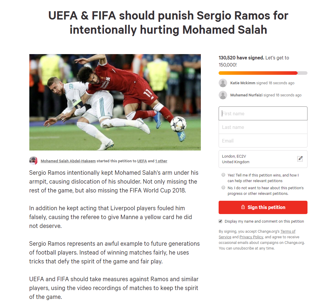 Liverpool Fans Launch Petition To Punish Sergio Ramos For Mohamed Salah Injury