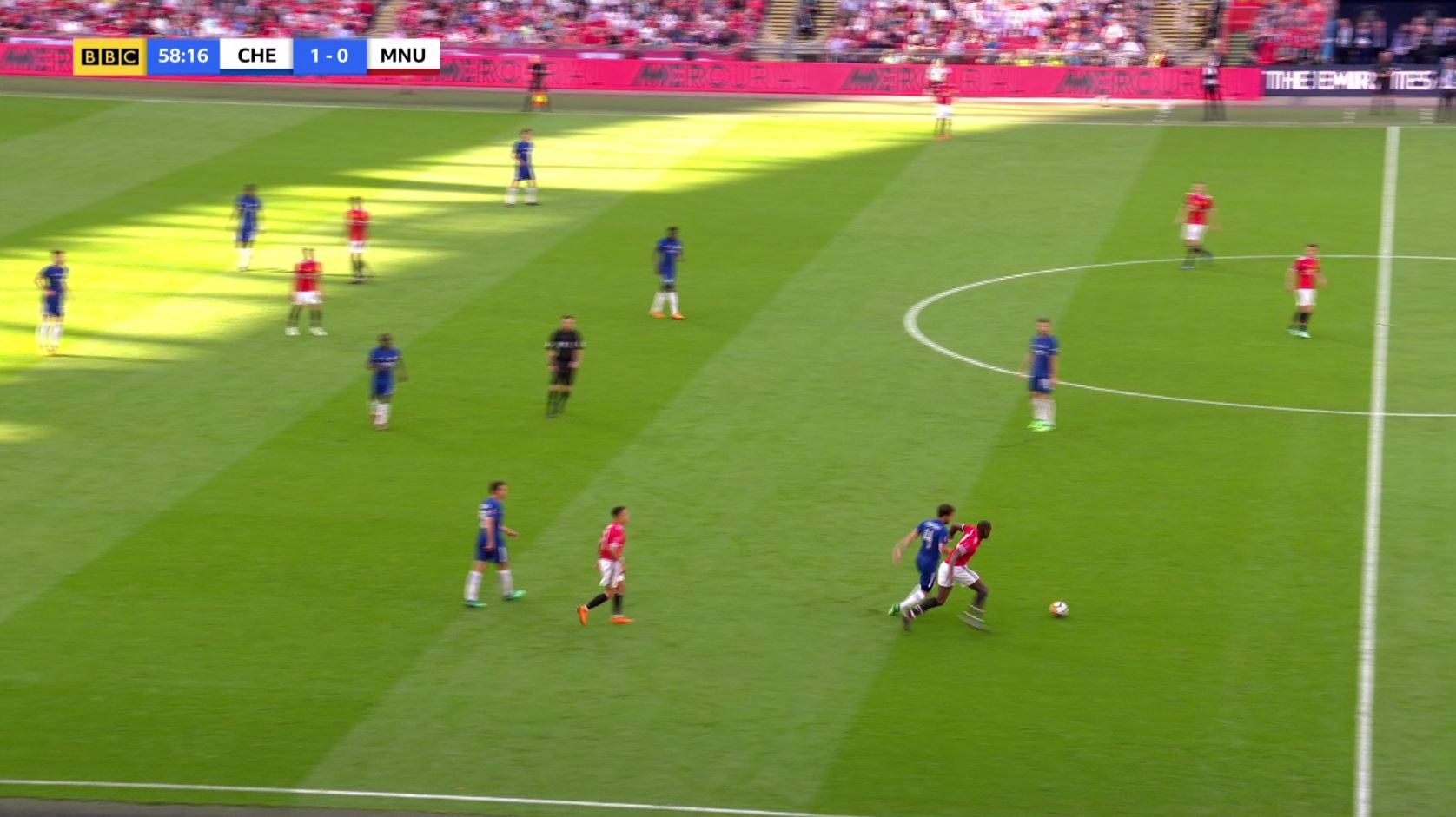 Pogba managed to turn away from Fabregas and pass back to Phil Jones. (BBC)