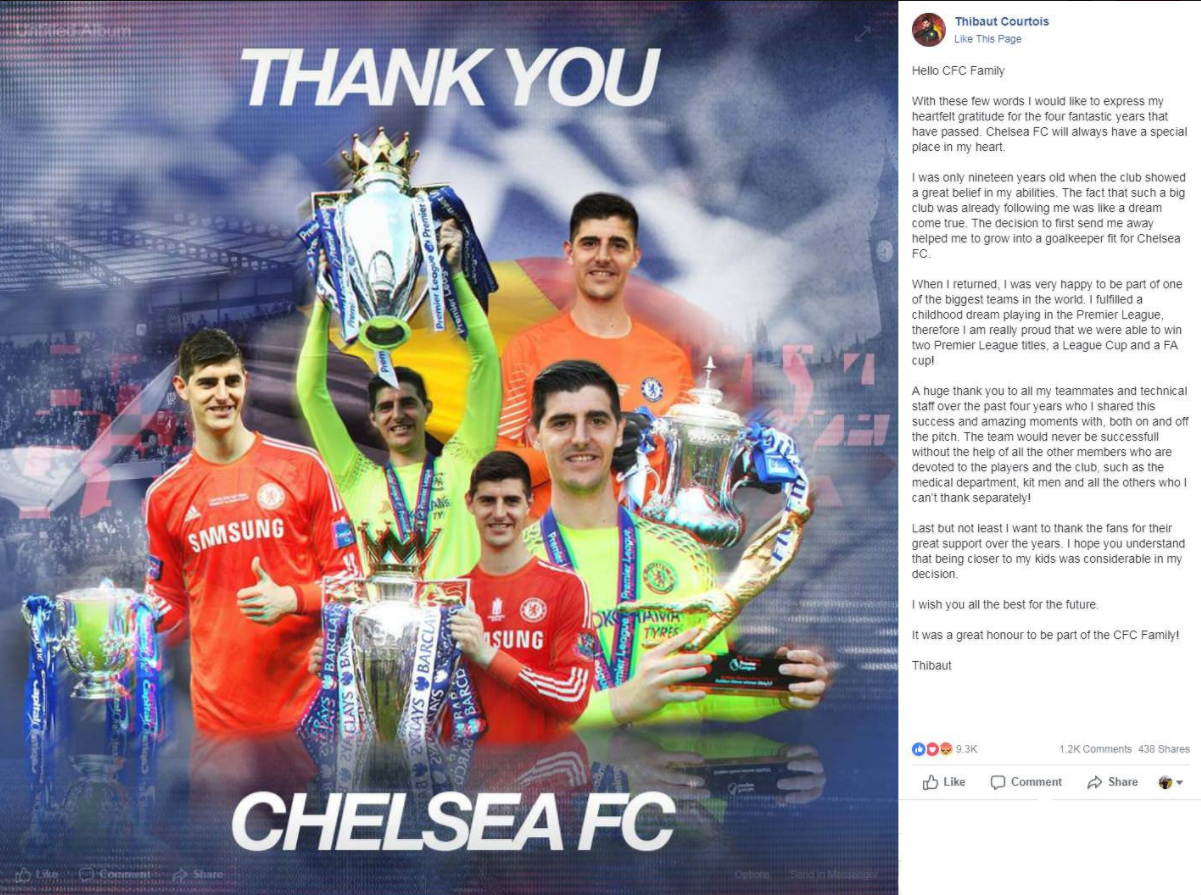 Thibaut Courtois deletes emotional farewell message to Chelsea fans