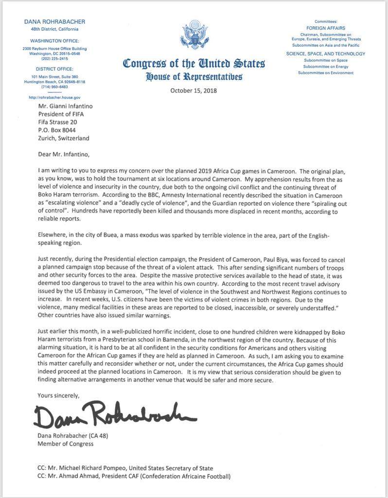 United States Congressman wants FIFA to drop Cameroon as AFCON 2019 hosts