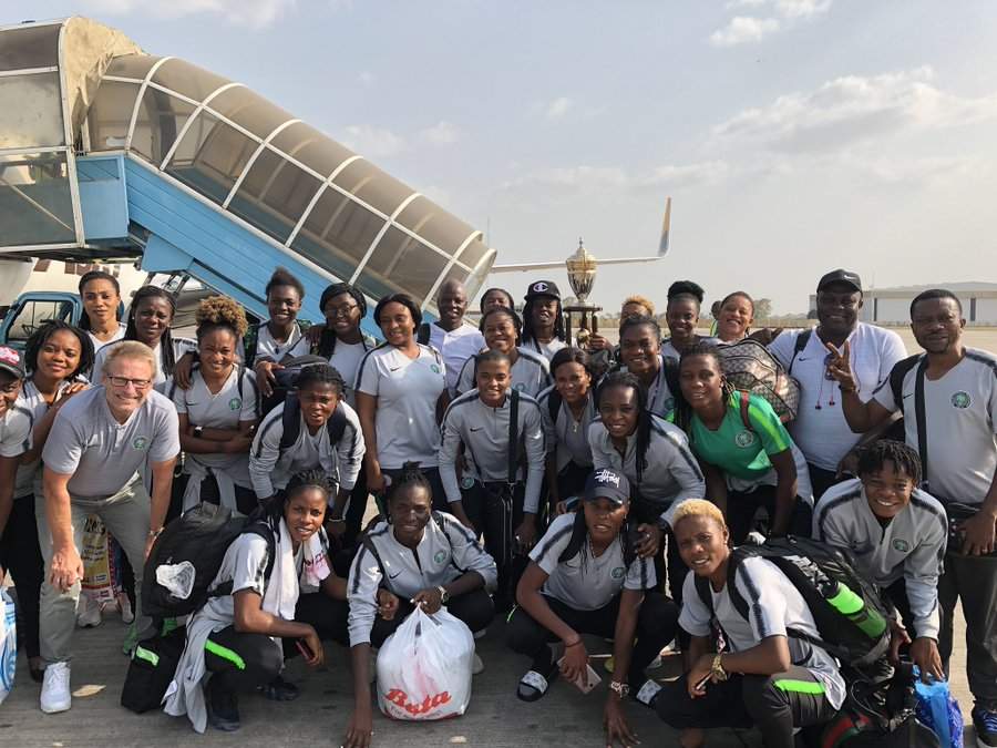 See the gift Dangote gave Super Falcons as they arrive Nigeria after winning 2018 Nations Cup