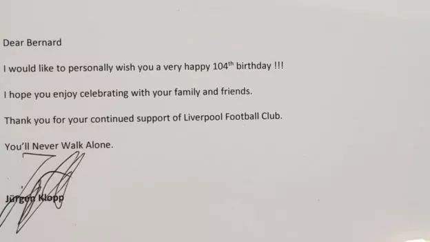 Liverpool boss Klopp sends surprise birthday package to a fan who turns 104 this month (Photo)