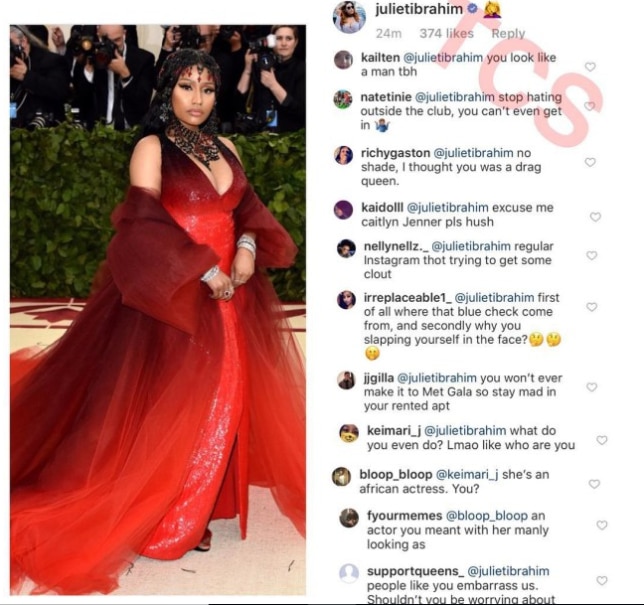 Oops! Juliet Ibrahim dragged on Instagram for post on Nicki Minaj's MET Gala outfit
