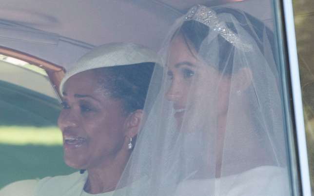 The bride and her mum, Doria Ragland with happy smiles on their faces on the royal wedding day. (Getty)