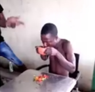 Man forced to eat pepper for stealing is captured drinking water from a bowl. (Instablog9ja)