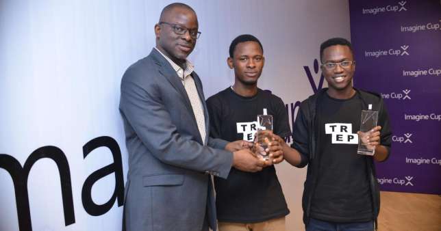 Taofeek Olalekan Afeez and Alayande Abdulwaheed Abiola, known as Team TREP of FUTA receive award at the Microsoft Office, Nigeria (Campusbiz)