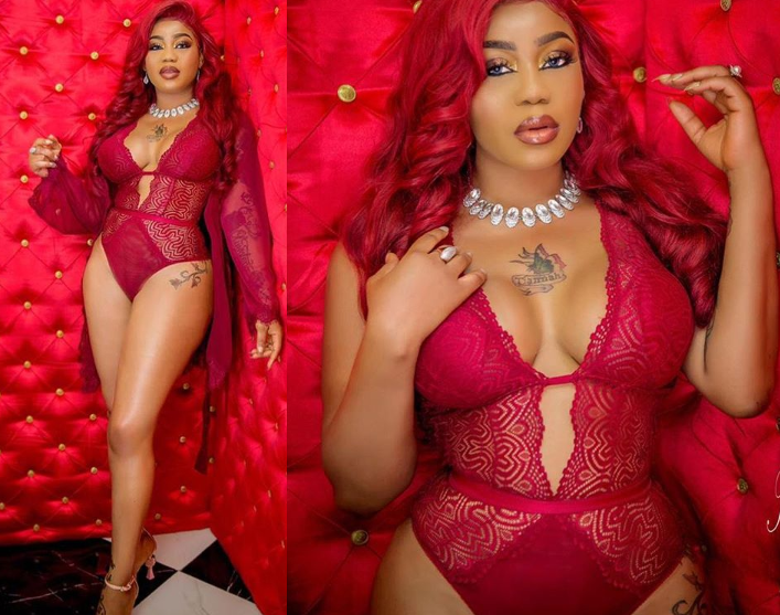 [PHOTOS] Toyin Lawani Oozes Sultriness In Sexy Red Lingerie